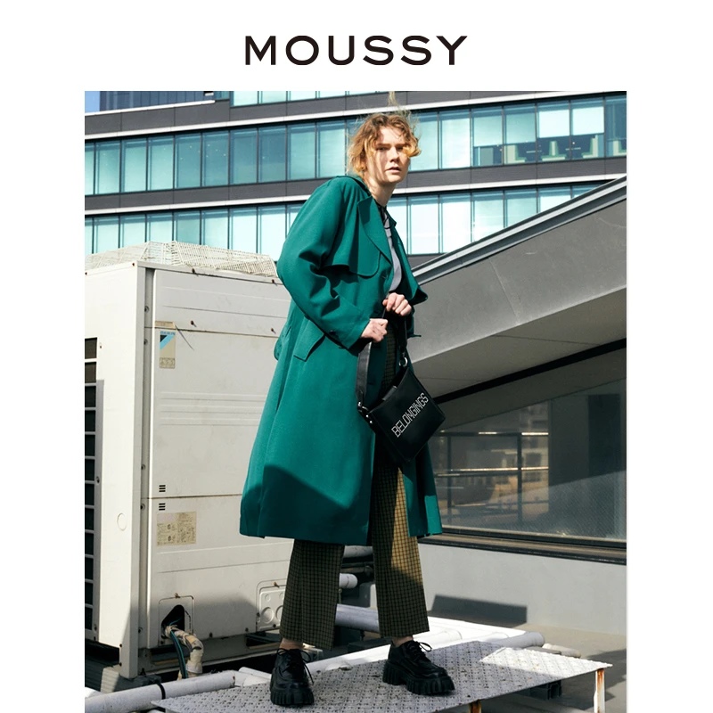 MOUSSY 秋新款休闲长款收腰系带风衣大衣外套010FSW30-0290