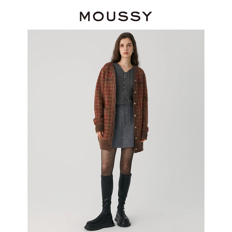 MOUSSY 秋冬甜美学院风经典格纹针织开衫女028GA970-5150