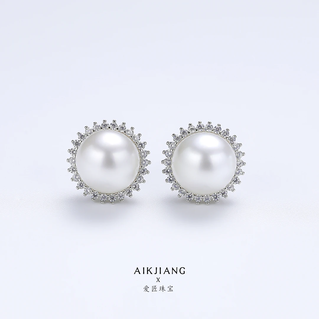 AIKJIANG/爱匠【白总】海水澳白10-11mm左右S925银 太阳花 珍珠耳钉