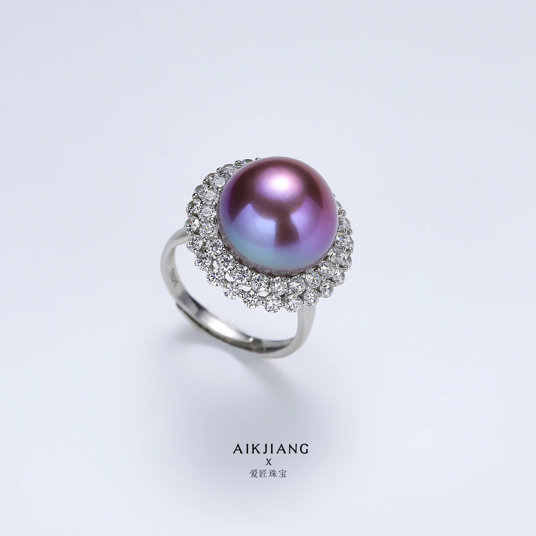 AIKJIANG/爱匠淡水紫珠巨无霸梦幻紫珍珠戒指13-14ｍｍ轻奢百搭微瑕