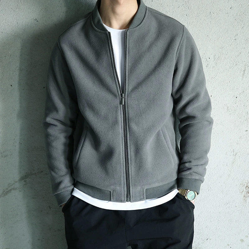 2023新款男生摇粒抓绒夹克男春秋冬季纯深灰色棒球服卫衣外套休闲
