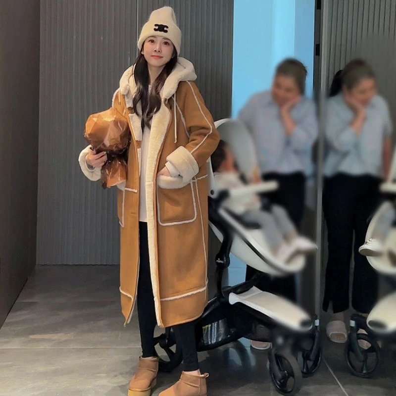 2024新款时尚连帽羊羔绒皮毛一体大衣韩版女冬季高级感毛毛厚外套