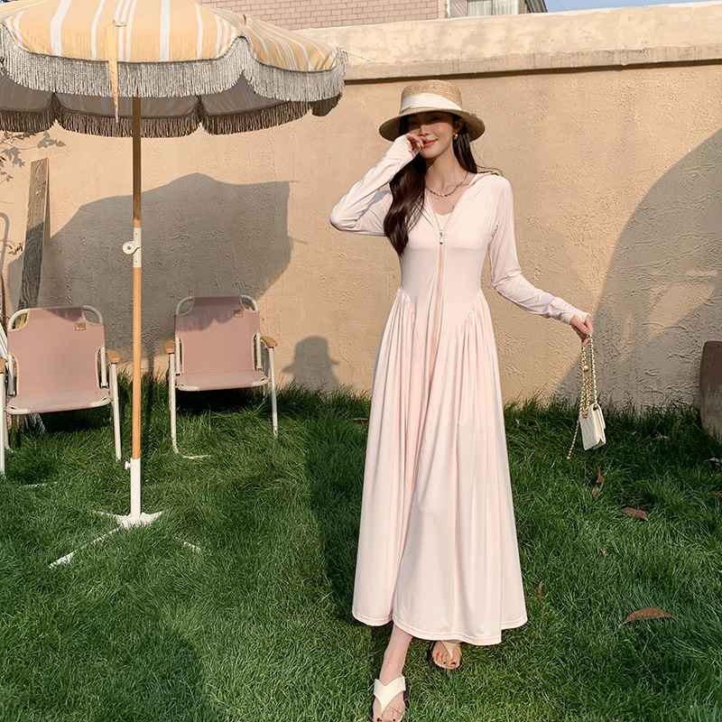 韩国新款原纱气质防晒衣凉感防晒长裙风感波粒薄款防紫外线连衣裙