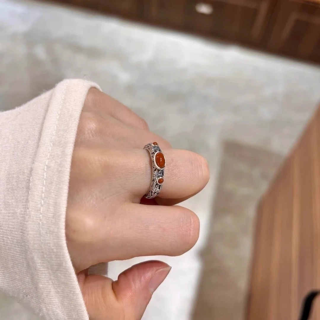 锌合金树脂戒指 民族风秋冬复古蒙古元素红色开口ins可调节戒指女