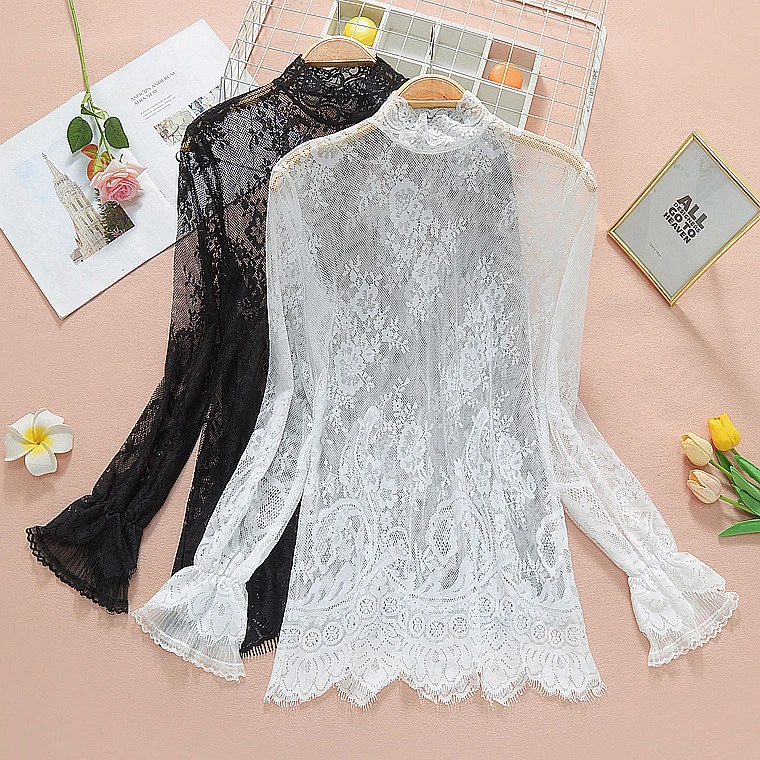 蕾丝打底衫女2025秋装新款韩版小衫长袖春秋洋气镂空内搭网纱上衣