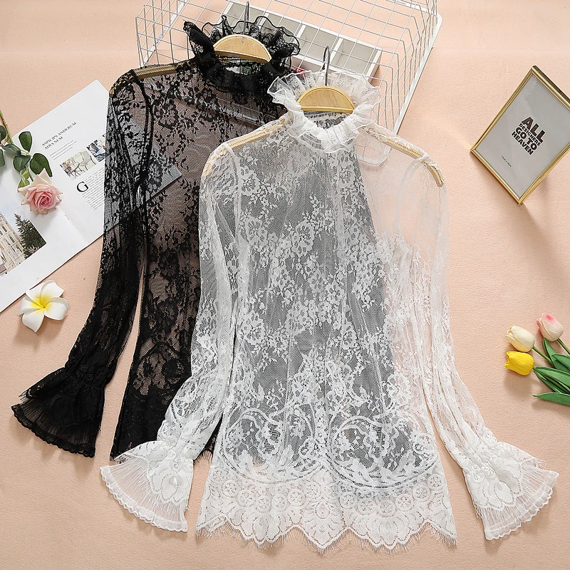 2025秋装新款韩版蕾丝打底衫女长袖秋冬女士内搭洋气网纱镂空上衣