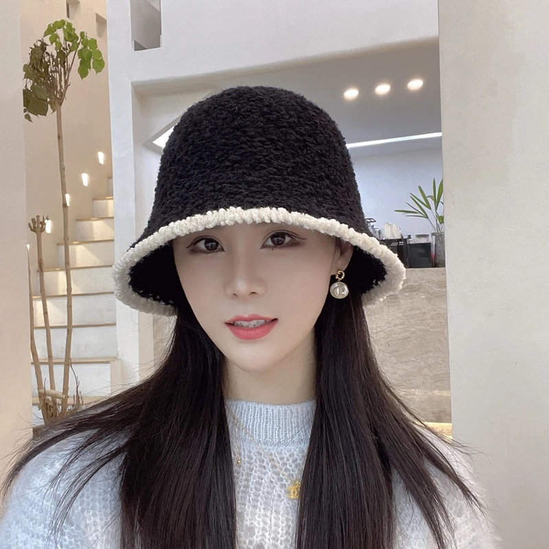 黑色针织渔夫帽女秋冬ins显脸小保暖护耳盆帽大头围新款水桶帽