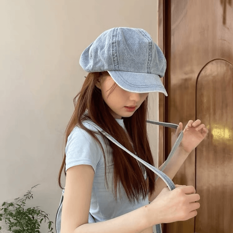 日系复古牛仔贝雷帽女大头围百搭显脸小画家云朵帽文艺八角帽子潮