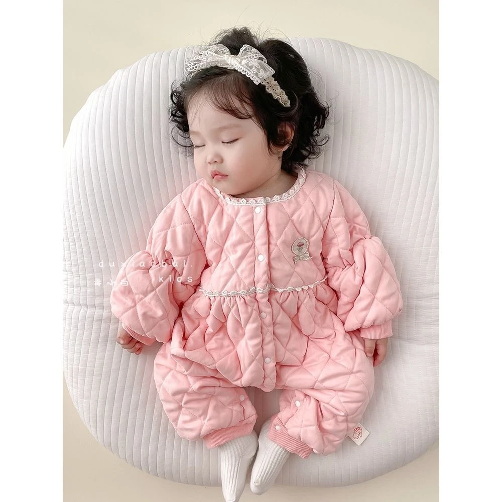 婴儿秋冬薄棉连体衣宝宝棉哈衣新生网红超萌洋气保暖冬装外出爬服