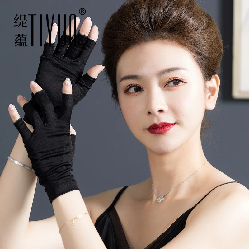 桑蚕丝睡眠保湿半指手套女春夏季真丝露指防晒透气防紫外线手套薄