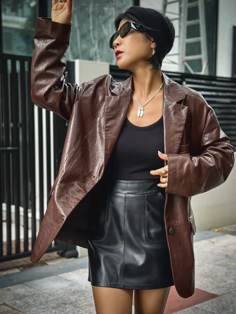 【Black Tiger】美拉德油腊皮棕红小众绵羊皮西服