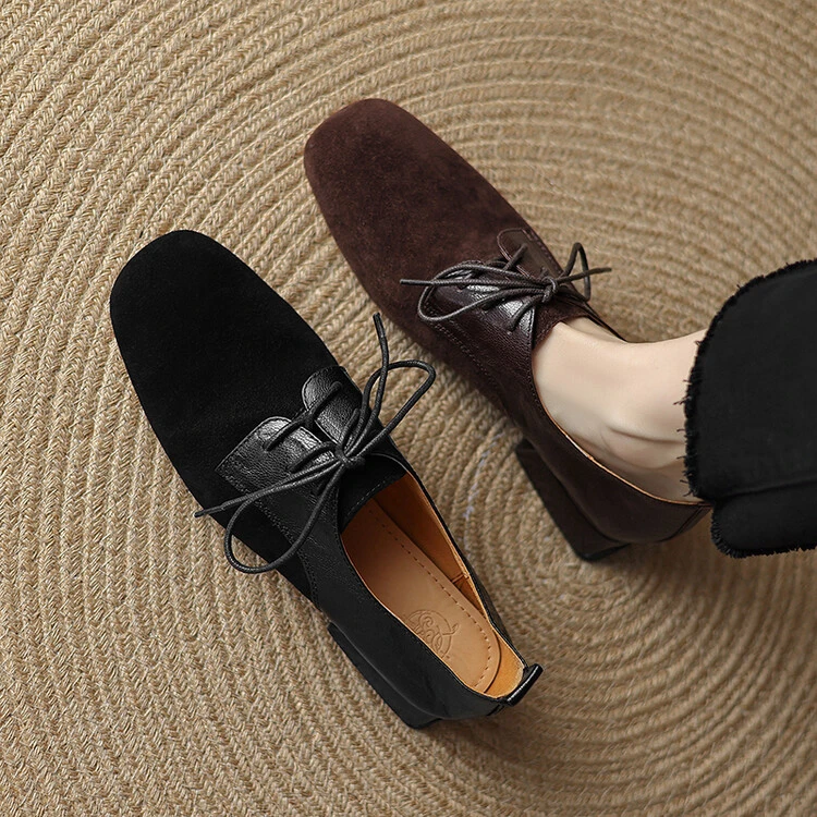 潮搭款~羊皮~英伦风低跟单鞋女方头深口系带小皮鞋绒面复古百搭20