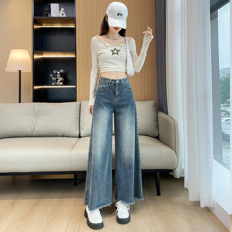 Etam/艾格2024夏季高腰新款阔腿柔软牛仔裤显瘦宽松直筒休闲裤女