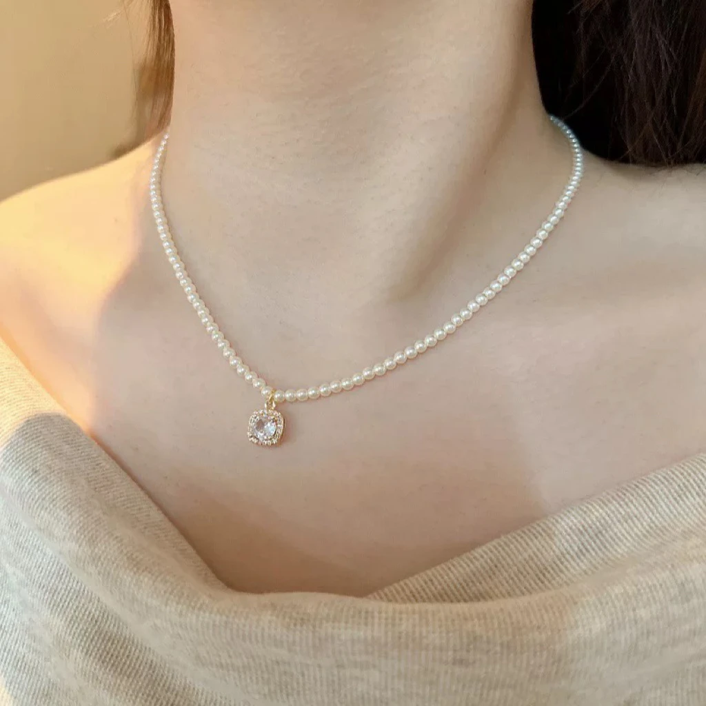 铜合金仿珍珠项链 【怦然心动】NK-259方糖吊坠项链复古百搭时尚