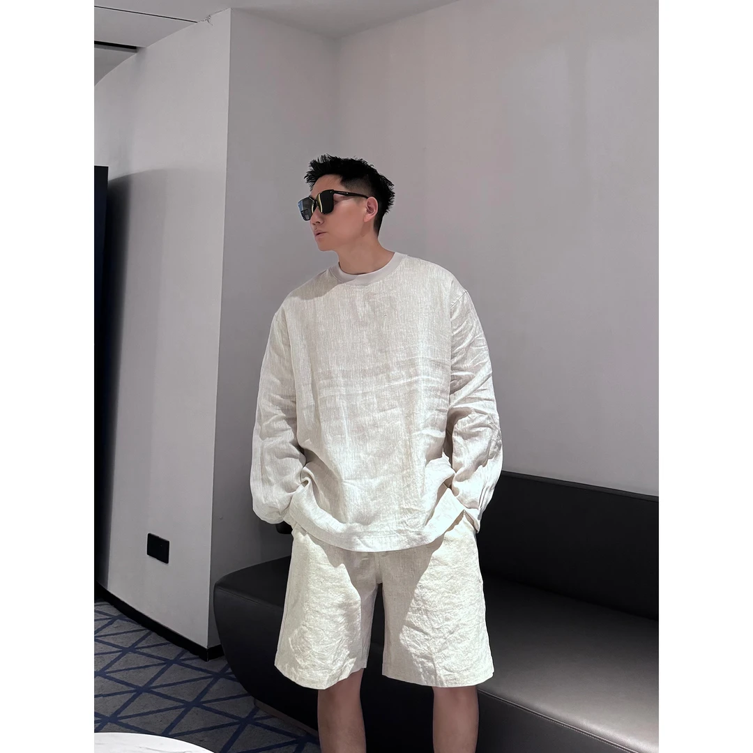 轻奢百搭天然亚麻套装男士长袖T恤潮流宽松高级感老钱风松弛穿搭