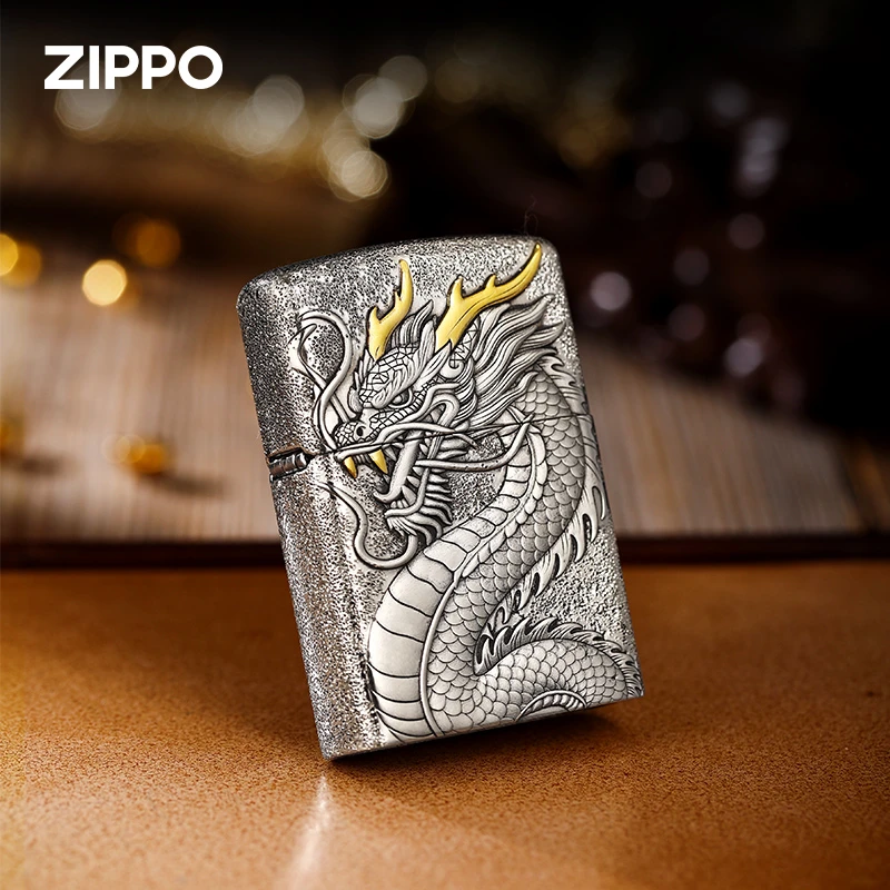 ZIPPO/之宝打火机套壳浮雕钉砂龙行天下银色防风经典个性DYJ1H1X1