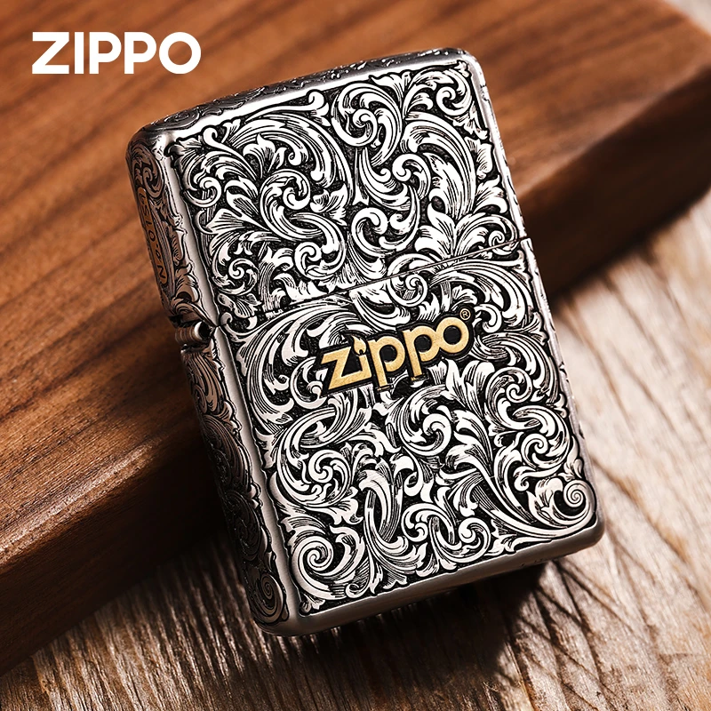ZIPPO正品打火机错金套壳小叶唐草花礼盒装男士防风原装收藏送礼