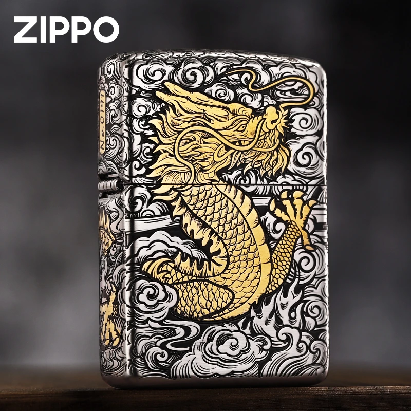 ZIPPO正品打火机错金套壳中国龙礼盒装男士银色原装防风收藏送礼
