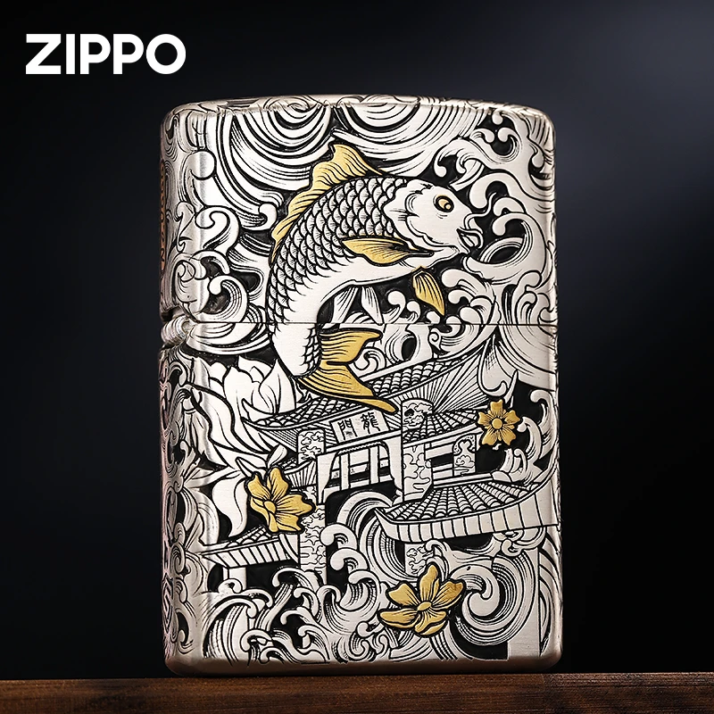 ZIPPO正品打火机纯银错金套壳鱼跃龙门礼盒高端男士收藏DY89802JY