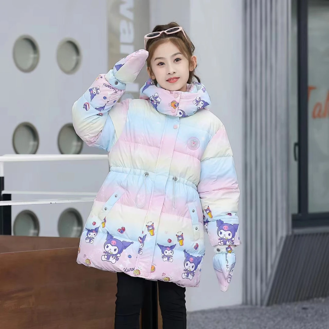 女童库洛米加厚棉服2024冬季新款洋气彩虹色女孩卡通免洗印花棉服