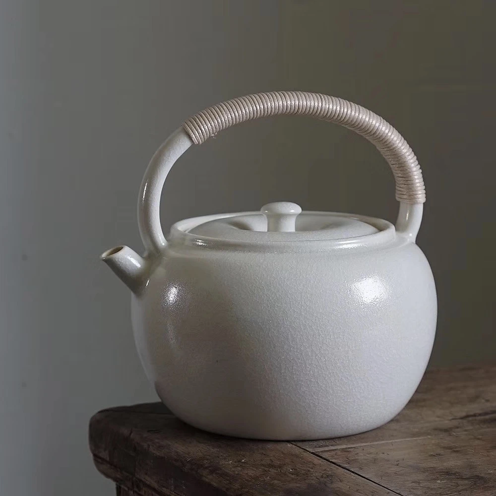 梵器堂1040cc九瀚苏打釉开片白泥陶静古提梁烧水壶围炉煮茶茶具