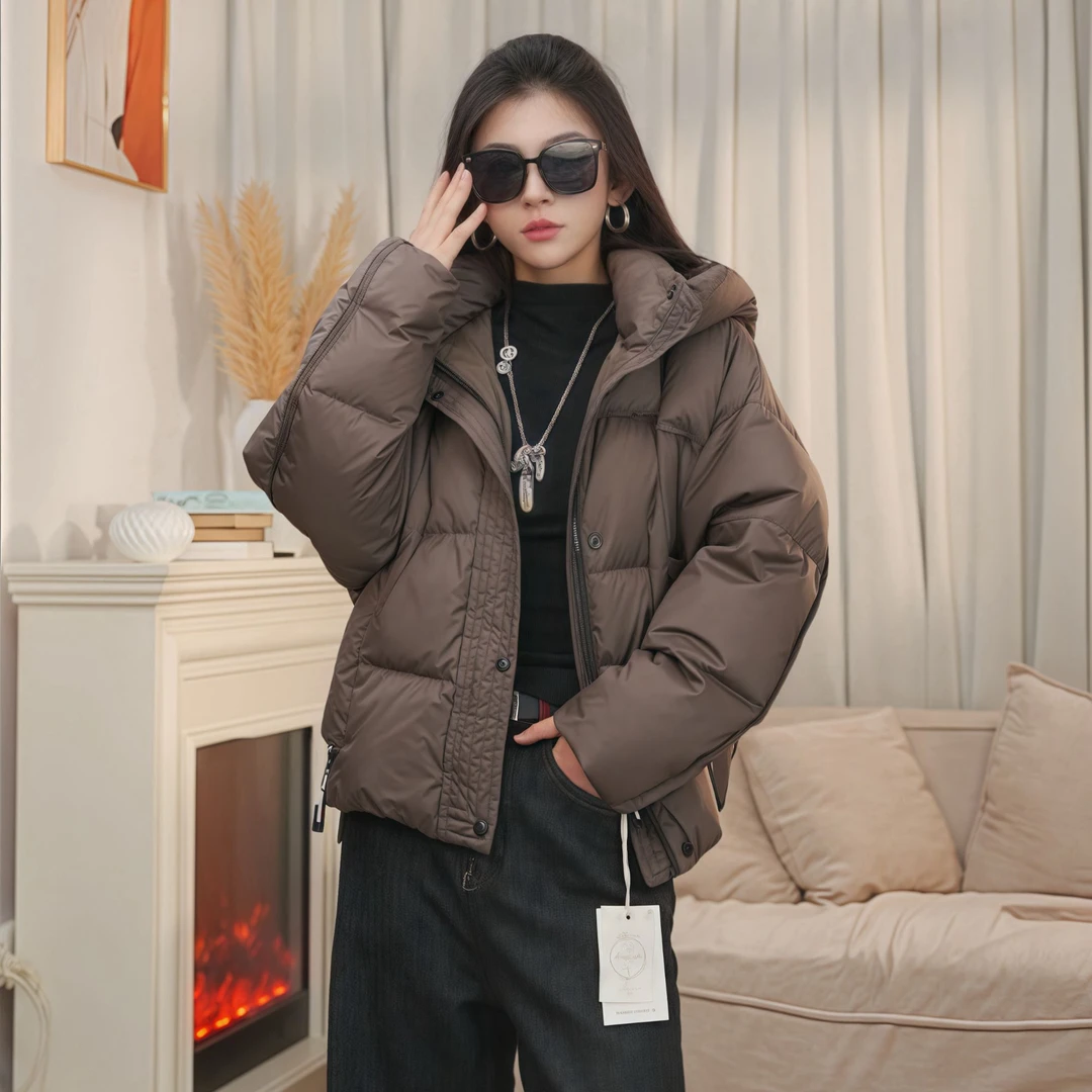 2024新款休闲百搭泡芙短款连帽石墨烯气质女装加厚羽绒服外套0886
