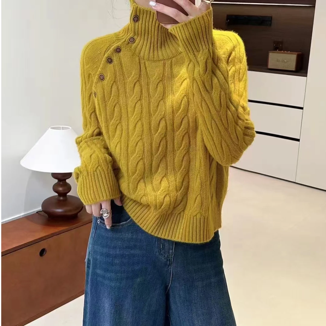 高腰全羊毛斜开扣慵懒风轻奢复古高领减龄插肩袖加厚秋冬宽松百搭