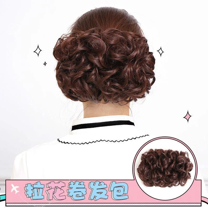假发丸子头女花苞女士蓬松丸子头卷发包复古头花拉花花苞新娘盘头