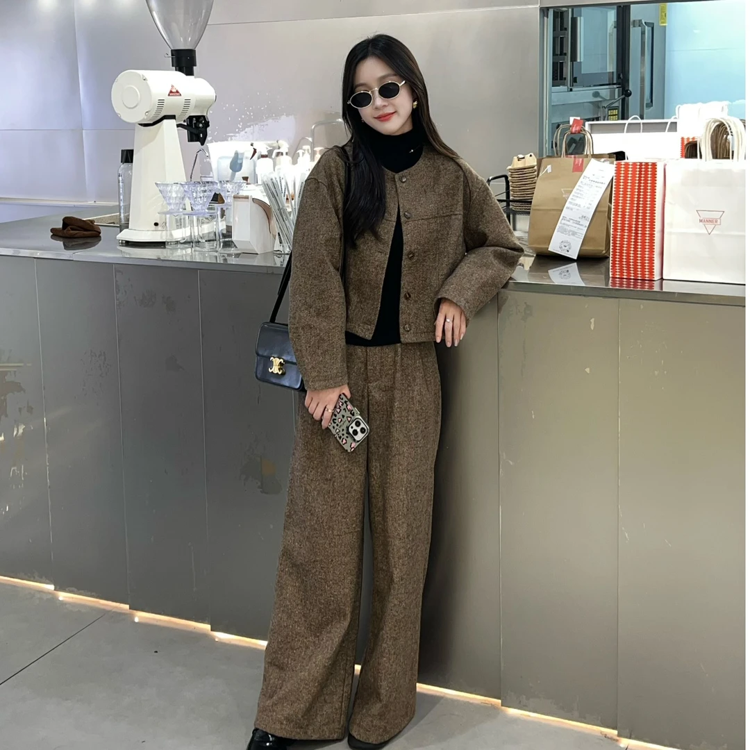 【JUEDING觉定】秋冬羊毛加棉款 单排扣圆领长袖外套裤子两件套