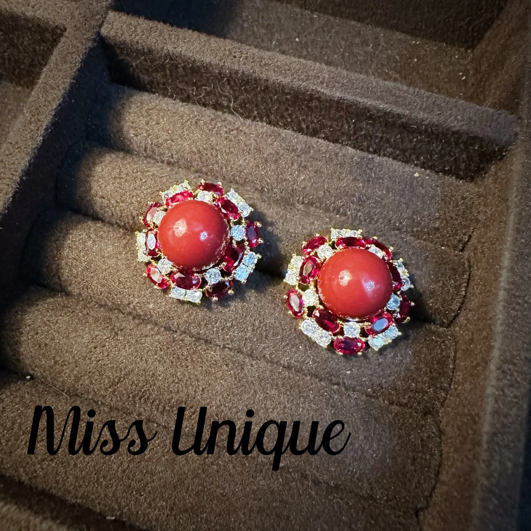 B1615复古红珠珠耳环