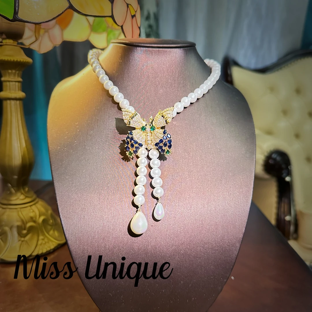 S6234蝴蝶珠珠双条流苏项链