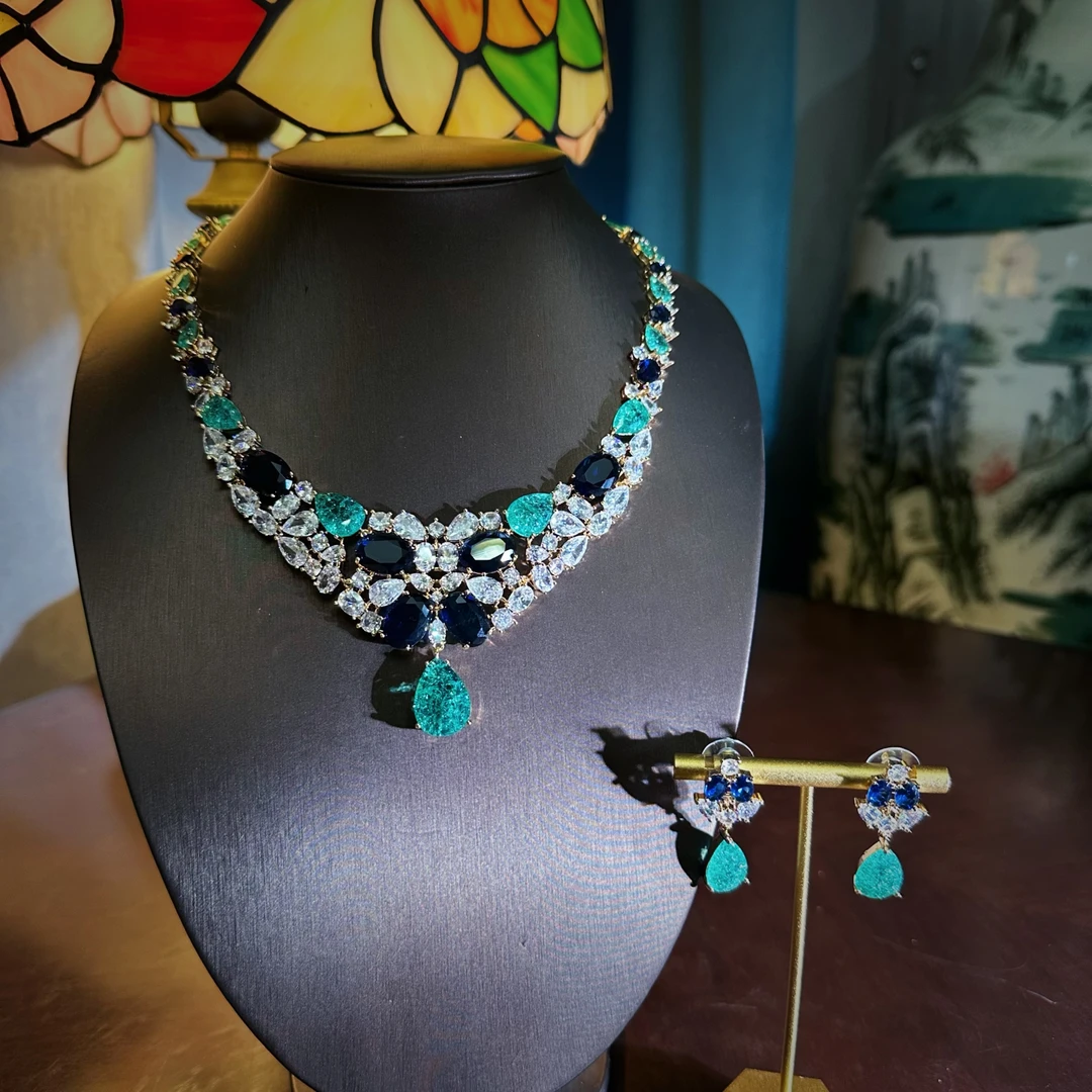 (E8393)蓝色双色拼接项链套装