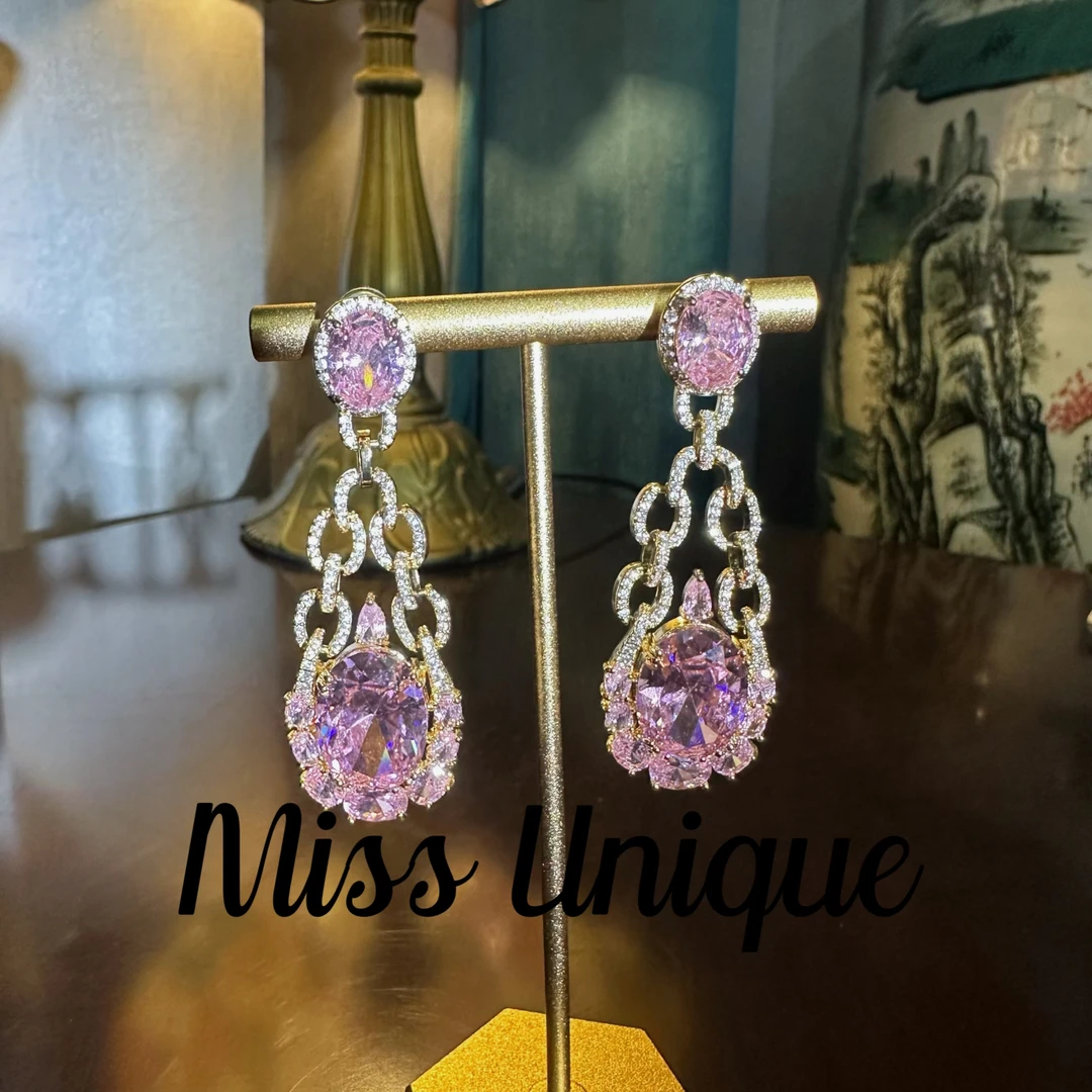 E8016粉色锁链椭圆耳环