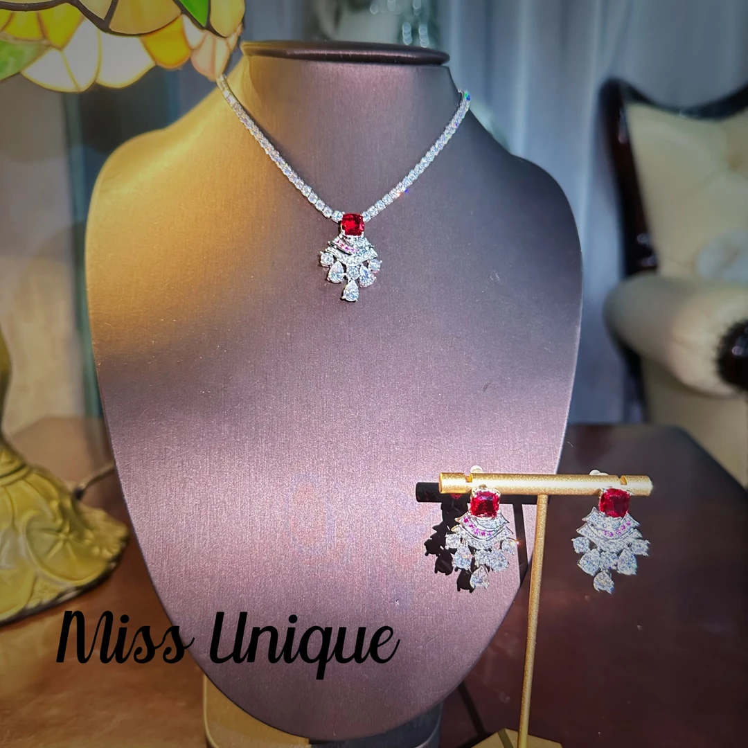 S6052外贸纱幔红色方糖项链套装