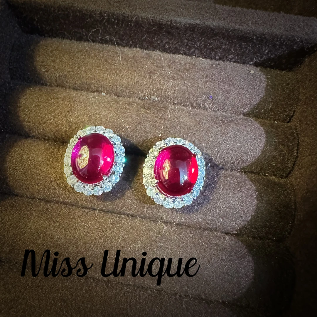 B1478单颗红石石蛋面耳环