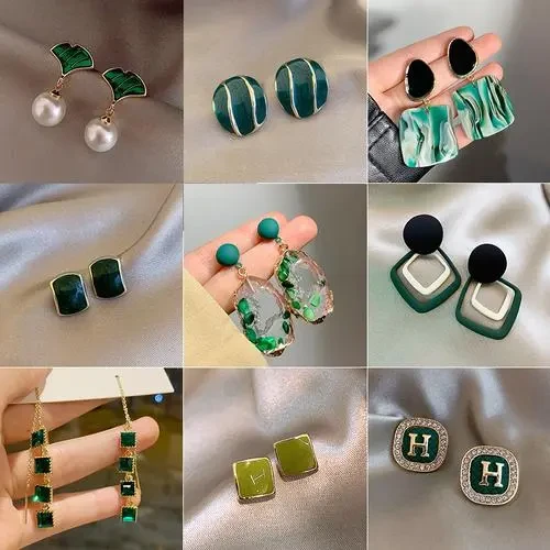 锌合金耳饰 气质轻奢时尚百搭绿色复古法式港风ins小众简约韩版