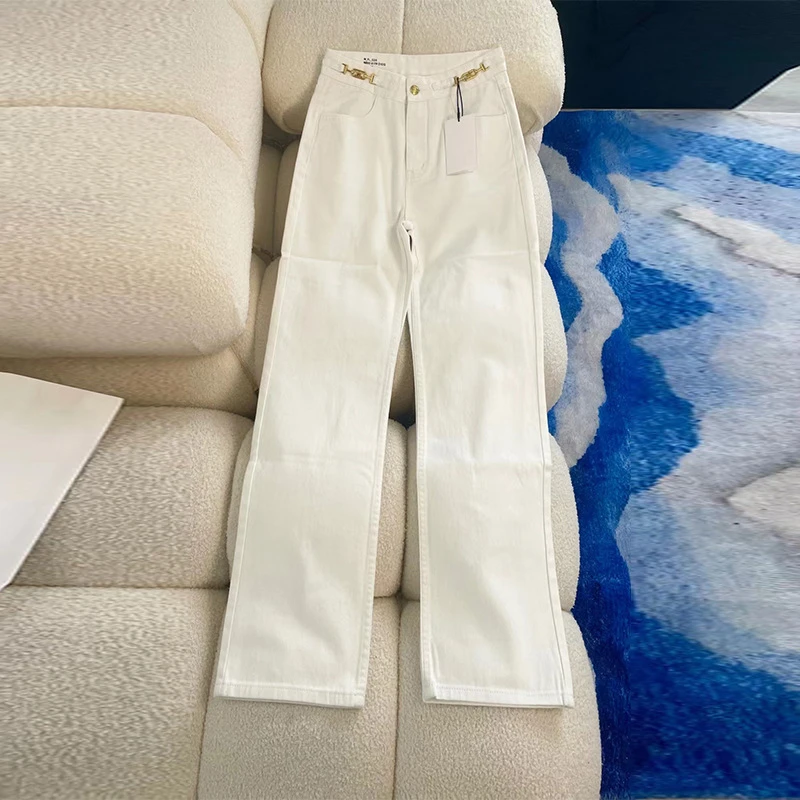 小倩家牛仔裤夏季新款高腰百搭显瘦直筒链条白色裤子牛仔裤女女款