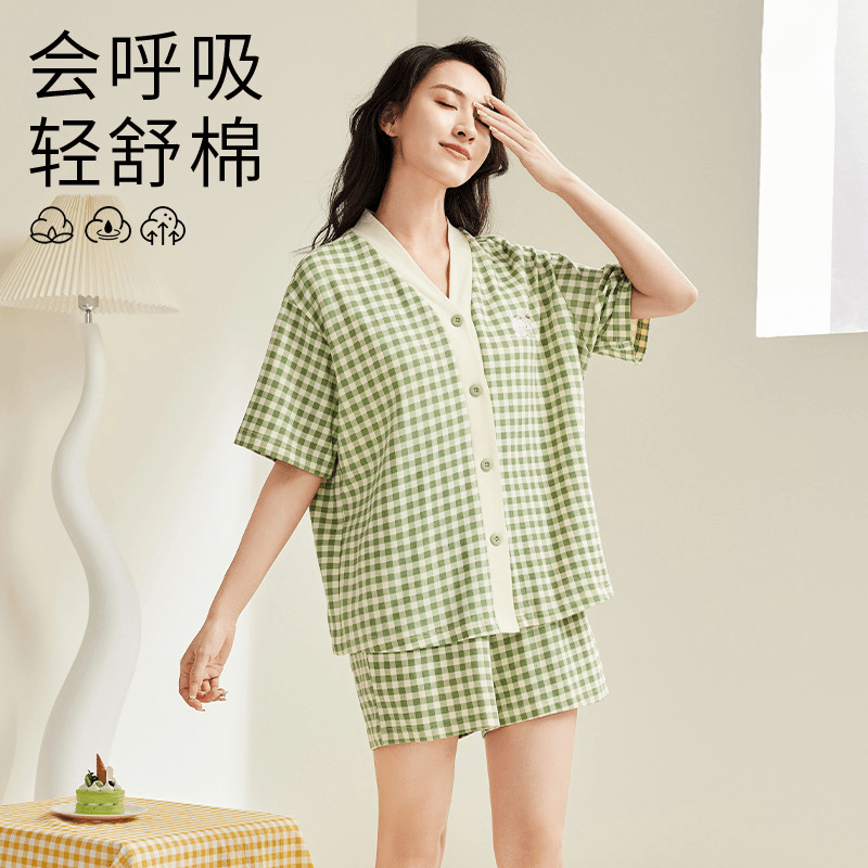 【时尚休闲格子】夏季新款睡衣女休闲舒适柔软时尚短袖套装