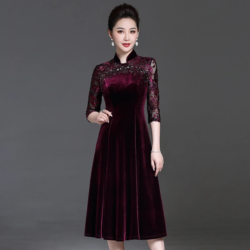 春装金丝绒连衣裙 婚礼婚宴妈妈装时尚气质镶钻中老年女装旗袍