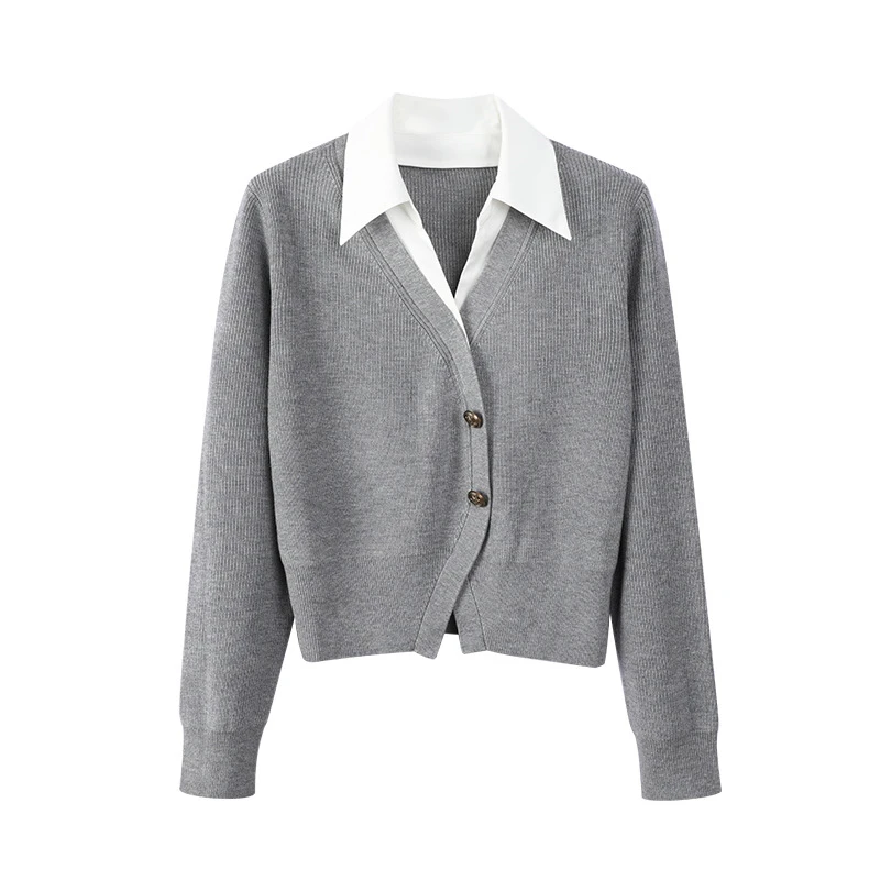 设计感假两件翻领长袖藏青色针织衫女秋冬新款2024气质显瘦宽松毛