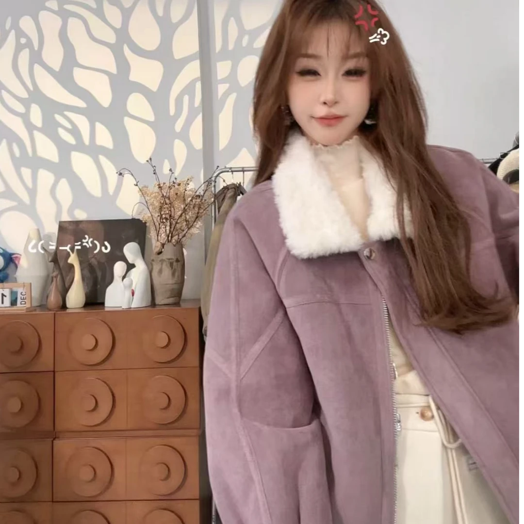 韩系复古皮毛一体加厚夹克外套女冬