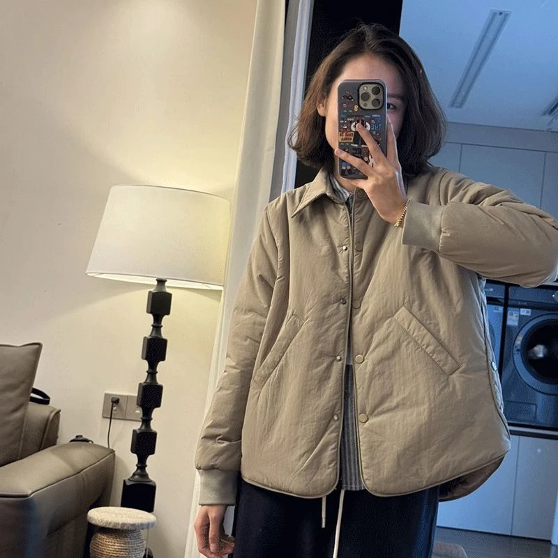 简约翻领暗扣棉衣短外套女秋冬季宽松显瘦百搭轻薄棉服上衣潮Q888