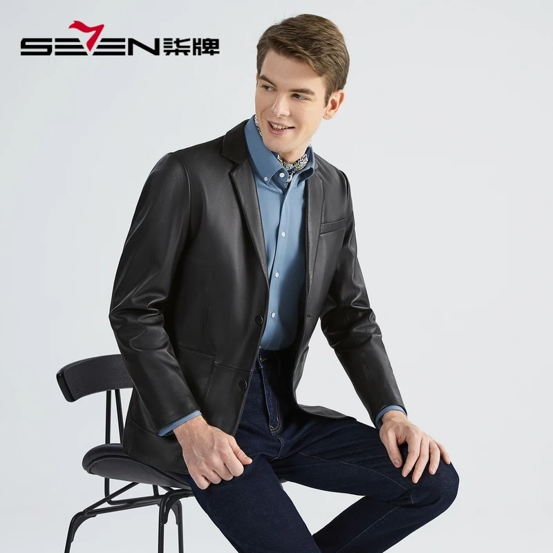 【绵羊皮】柒牌真皮皮衣男2024秋季新款商务西装领黑色皮男士外套
