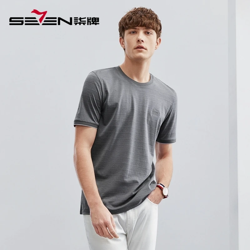 【含桑蚕丝】柒牌2025新款短袖男t恤夏季提花暗条纹休闲圆领上衣