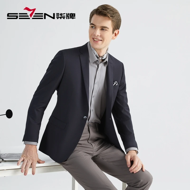 柒牌男士25新款上班正装青年免烫混纺休闲单西西服黑色西装小西装
