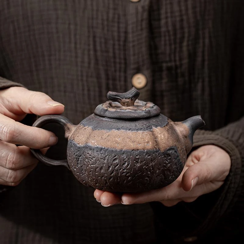 日式鎏金铁釉柿子茶壶 陶瓷功夫茶具茶壶单壶粗陶复古家用正把壶