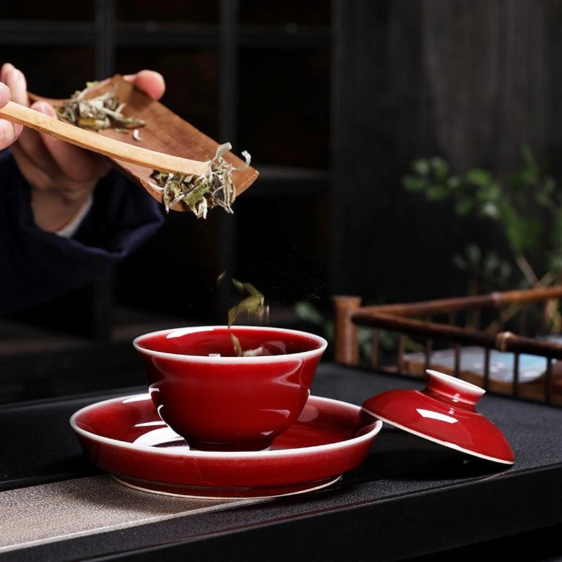 景德镇陶瓷郎红三才盖碗茶杯个人功夫茶复古风红色茶具绿茶泡茶碗