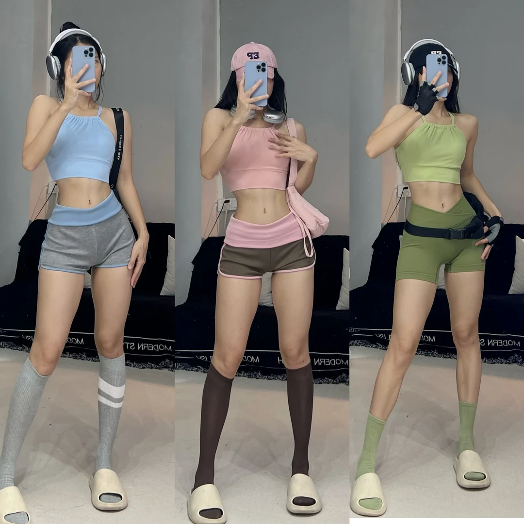 【大严家】高腰性感短款运动显瘦时尚休闲夏季透气撞色健身瑜伽运动