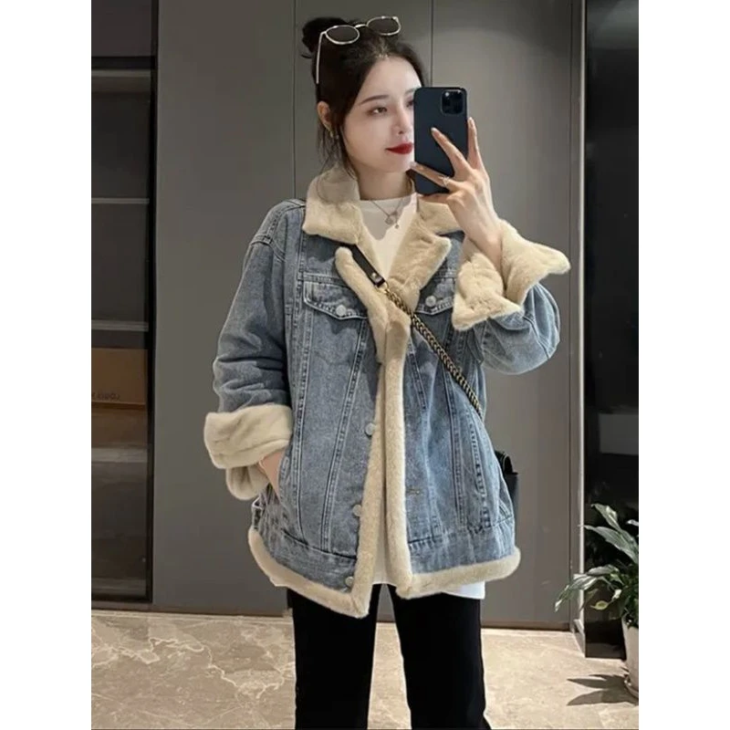 欧货时尚两面穿牛仔外套女秋冬百搭宽松小个子短款加绒保暖外套