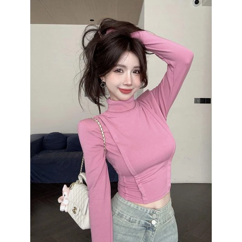 德绒秋冬独特甜辣妹修身短款磨毛高领打底衫女内搭设计感长袖上衣